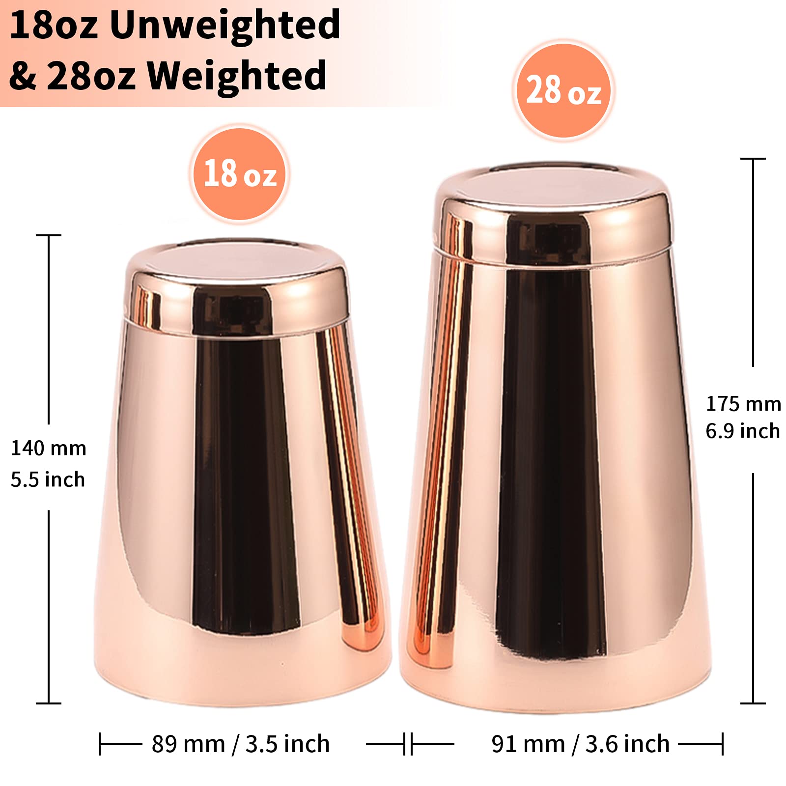 Stainless Steel Pro Boston Shaker - 2 Piece Unweighted 18oz & Weighted 28oz Martini Drink Shaker Kit for Bartender - Copper