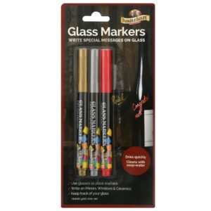 Parker & Bailey Glass Markers - Metallic Markers Wine Glass Markers Washable Wine Markers for Window Mirror Ceramics Drink Glasses Bottles Non-Toxic Glass Pens Gold Silver Red Markers - 3 Pack