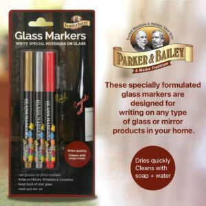 Parker & Bailey Glass Markers - Metallic Markers Wine Glass Markers Washable Wine Markers for Window Mirror Ceramics Drink Glasses Bottles Non-Toxic Glass Pens Gold Silver Red Markers - 3 Pack