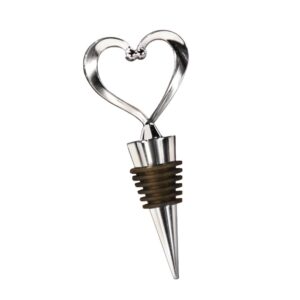 fashioncraft heart wine bottle stopper, decorative beverage cork topper saver, metal with reusable rubber plug, for wedding favors, party, baby shower - love design heart shape - chrome (1 pack)