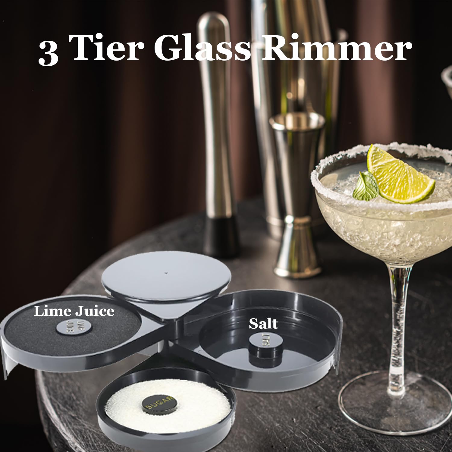 Mono-gatari 3 Tier Bar Glass Rimmer, Bartender Tool Salt Sugar Lime for Cocktails Margaritas Bloody Marys and Gimlets, Black ABS