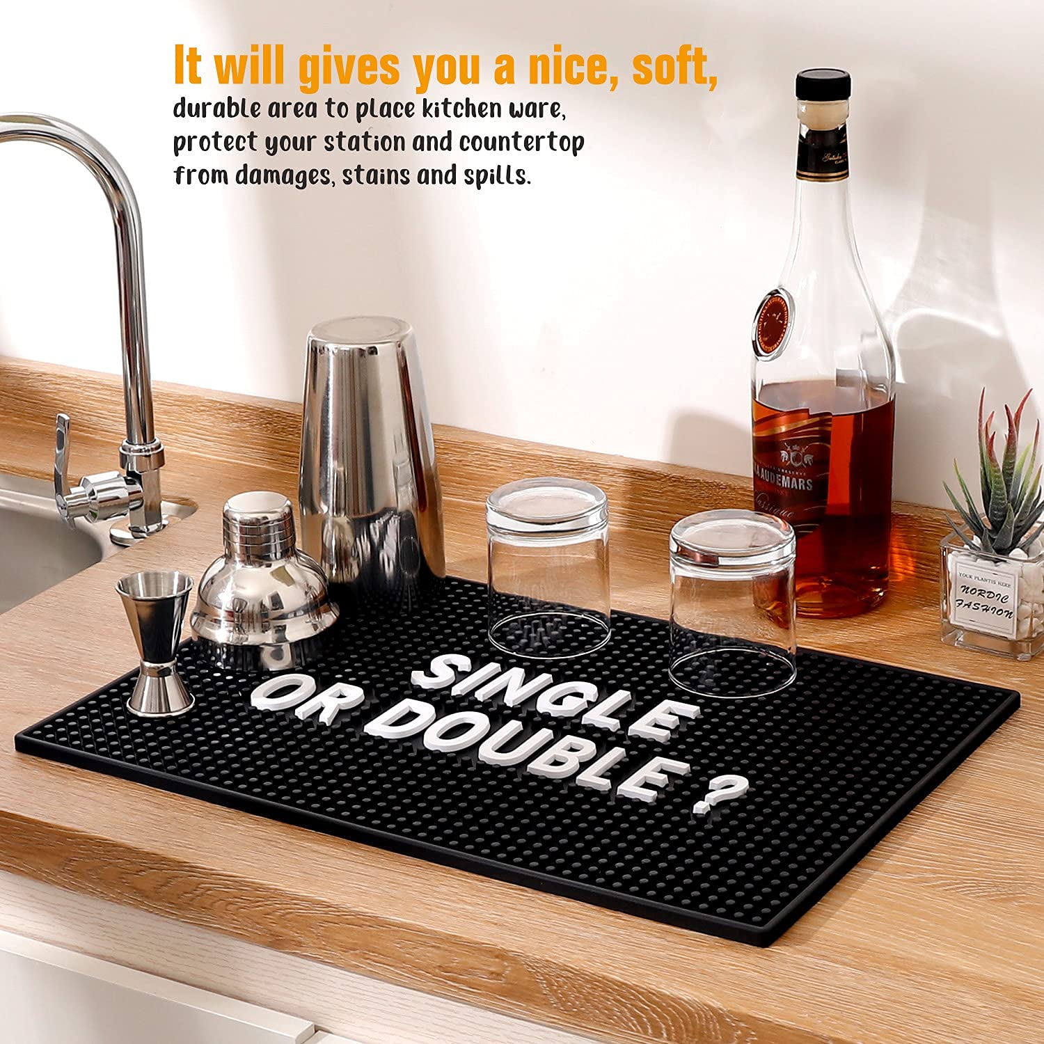 Black Bar Mat for Home Bar Man Cave Decorations - 17.5'' x 11.8'' Heavy Duty Rubber Bar Service Spill Mat, Drip Mat for Countertop - Great Gift for Dad Son Husband Father’s Day