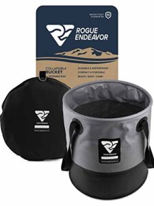 rogue endeavor heavy duty collapsible bucket (5 gallon (20l) includes lid), mesh bag, beach and salt water ready, durable reinforced design with metal hardware (black)