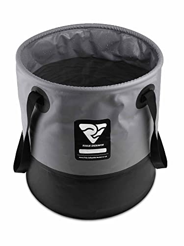 Rogue Endeavor Heavy Duty Collapsible Bucket (5 Gallon (20L) Includes Lid), Mesh Bag, Beach and Salt Water Ready, Durable Reinforced Design with Metal Hardware (Black)