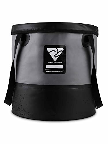 Rogue Endeavor Heavy Duty Collapsible Bucket (5 Gallon (20L) Includes Lid), Mesh Bag, Beach and Salt Water Ready, Durable Reinforced Design with Metal Hardware (Black)