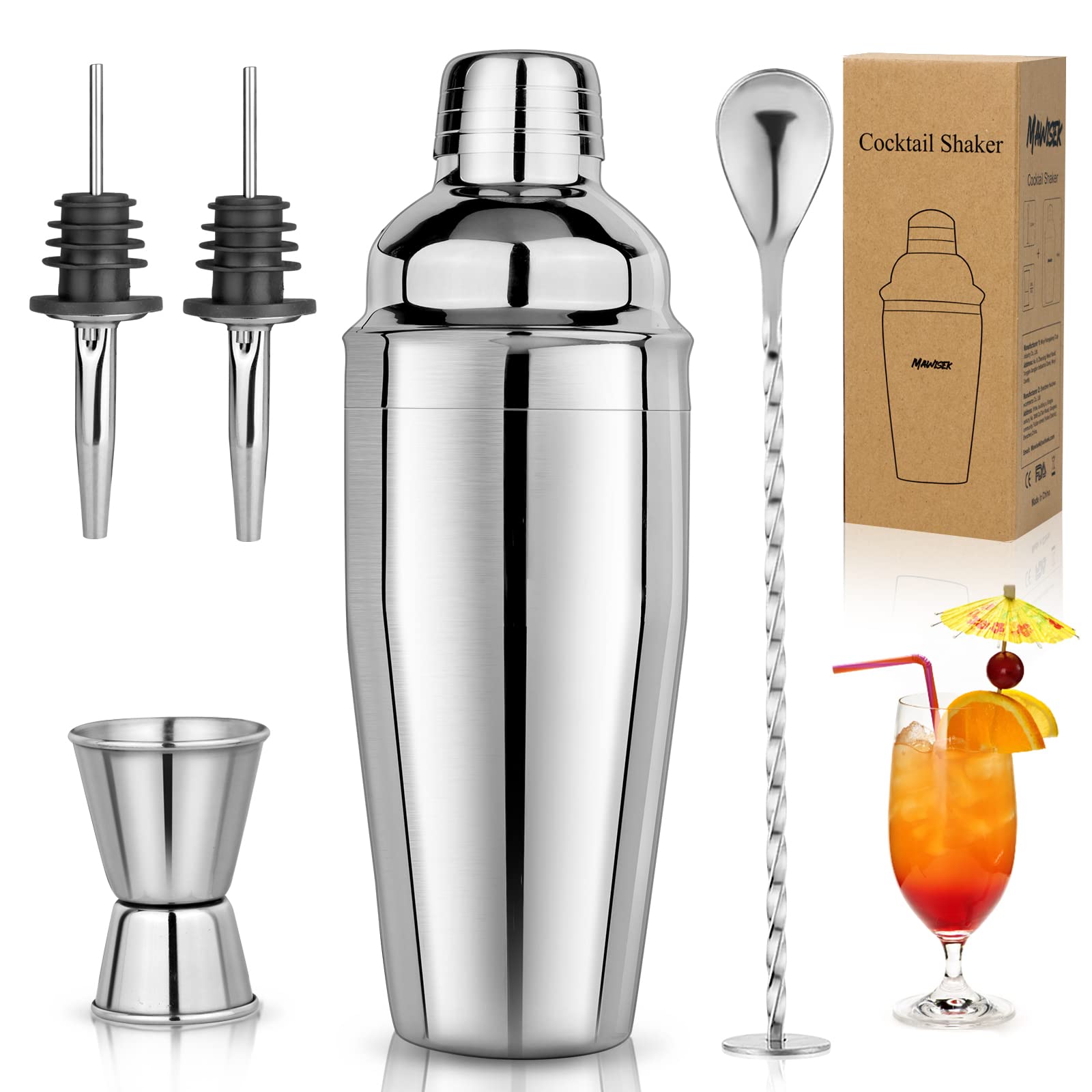 25oz Cocktail Shaker Set 5pcs Martini Shaker Set Portable Bartender Kit with Shaker, Mixing Spoon, Measuring Jigger, 2 Liquor Pour Spouts - Professional 18/8 Stainless Steel Bar Tools for Mixed Drinks