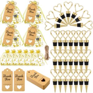 48 set heart shaped wine beverage bottle stopper party favors bulk love design for guests with sheer bags, labels, rope for valentines souvenir gifts engagement wedding bridal shower supplies (gold)