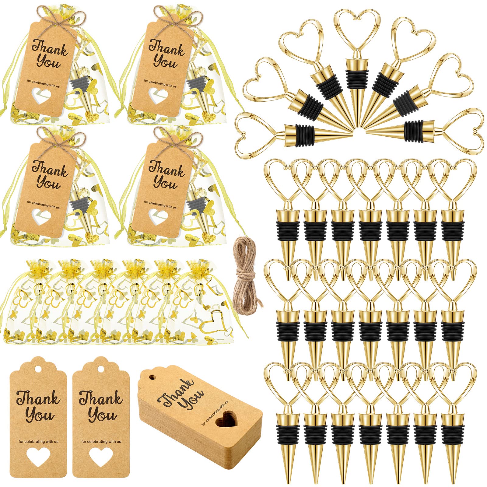 48 Set Heart Shaped Wine Beverage Bottle Stopper Party Favors Bulk Love Design for Guests with Sheer Bags, Labels, Rope for Valentines Souvenir Gifts Engagement Wedding Bridal Shower Supplies (Gold)