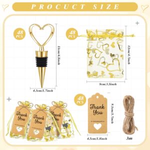 48 Set Heart Shaped Wine Beverage Bottle Stopper Party Favors Bulk Love Design for Guests with Sheer Bags, Labels, Rope for Valentines Souvenir Gifts Engagement Wedding Bridal Shower Supplies (Gold)