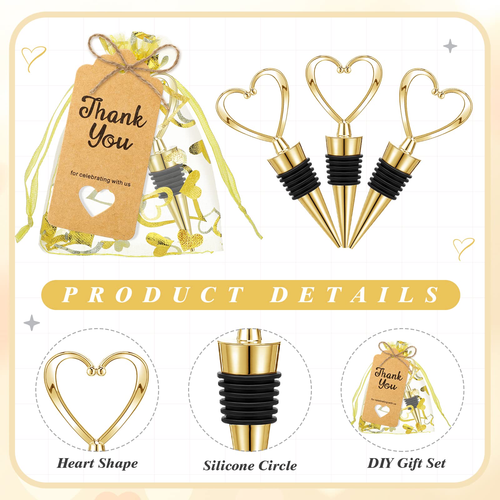 48 Set Heart Shaped Wine Beverage Bottle Stopper Party Favors Bulk Love Design for Guests with Sheer Bags, Labels, Rope for Valentines Souvenir Gifts Engagement Wedding Bridal Shower Supplies (Gold)