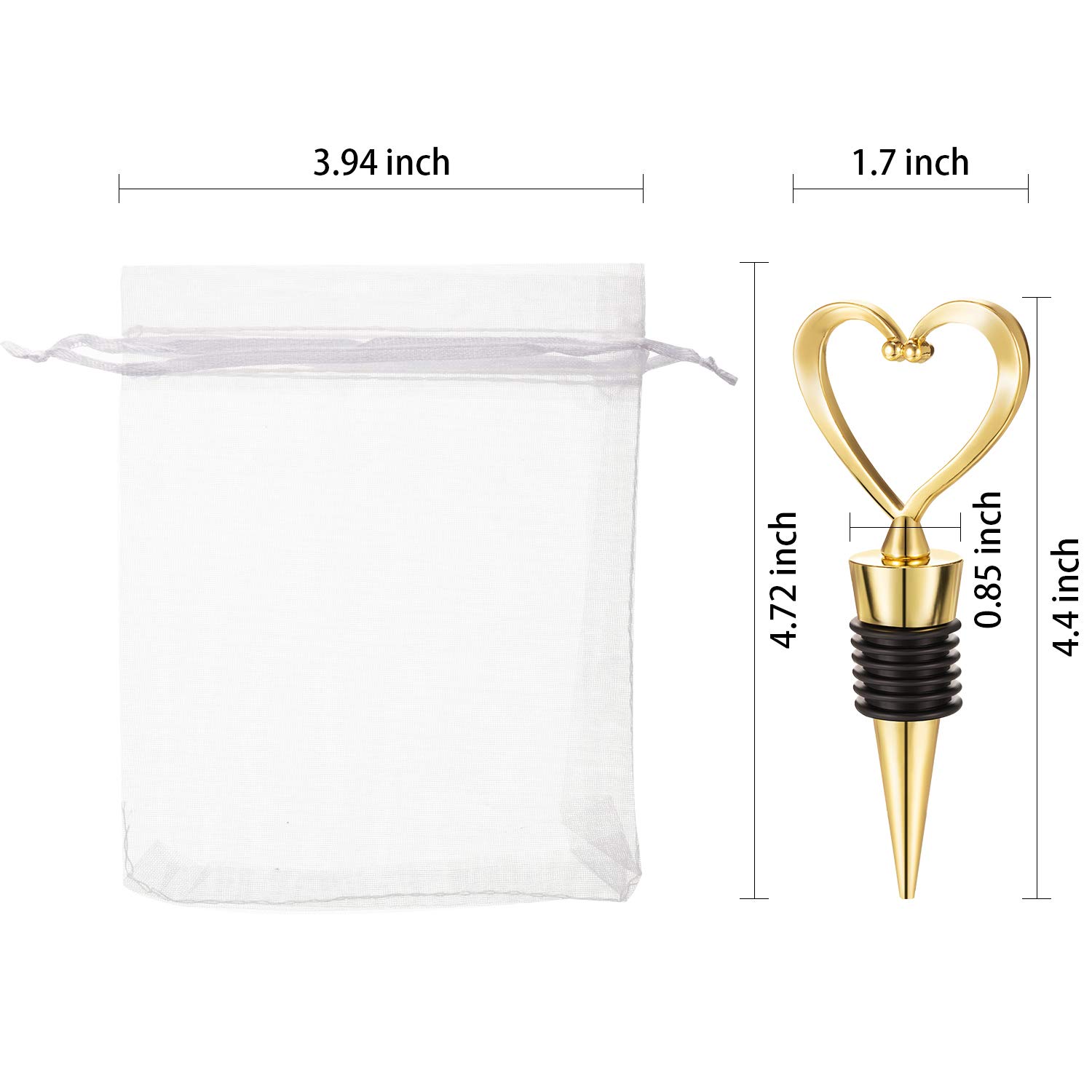 50 Pieces Heart Shape Wine Bottle Stopper Wedding Bridal Favor for Guests Stainless Steel Heart Wine Stopper with 100 Pieces White Sheer Organza Bags Wedding Favor Wine Fresh Holiday Party