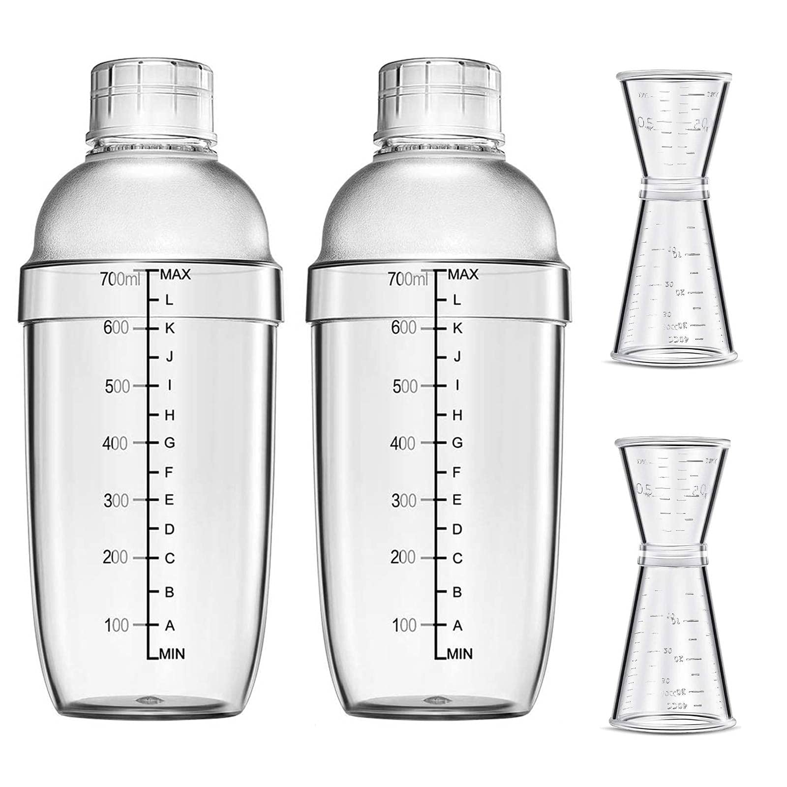 4 pcs Clear Cocktail Shaker Set 2 pcs Plastic bar Shaker with 2 pcs Plastic Cocktail Double Measuring Jigger