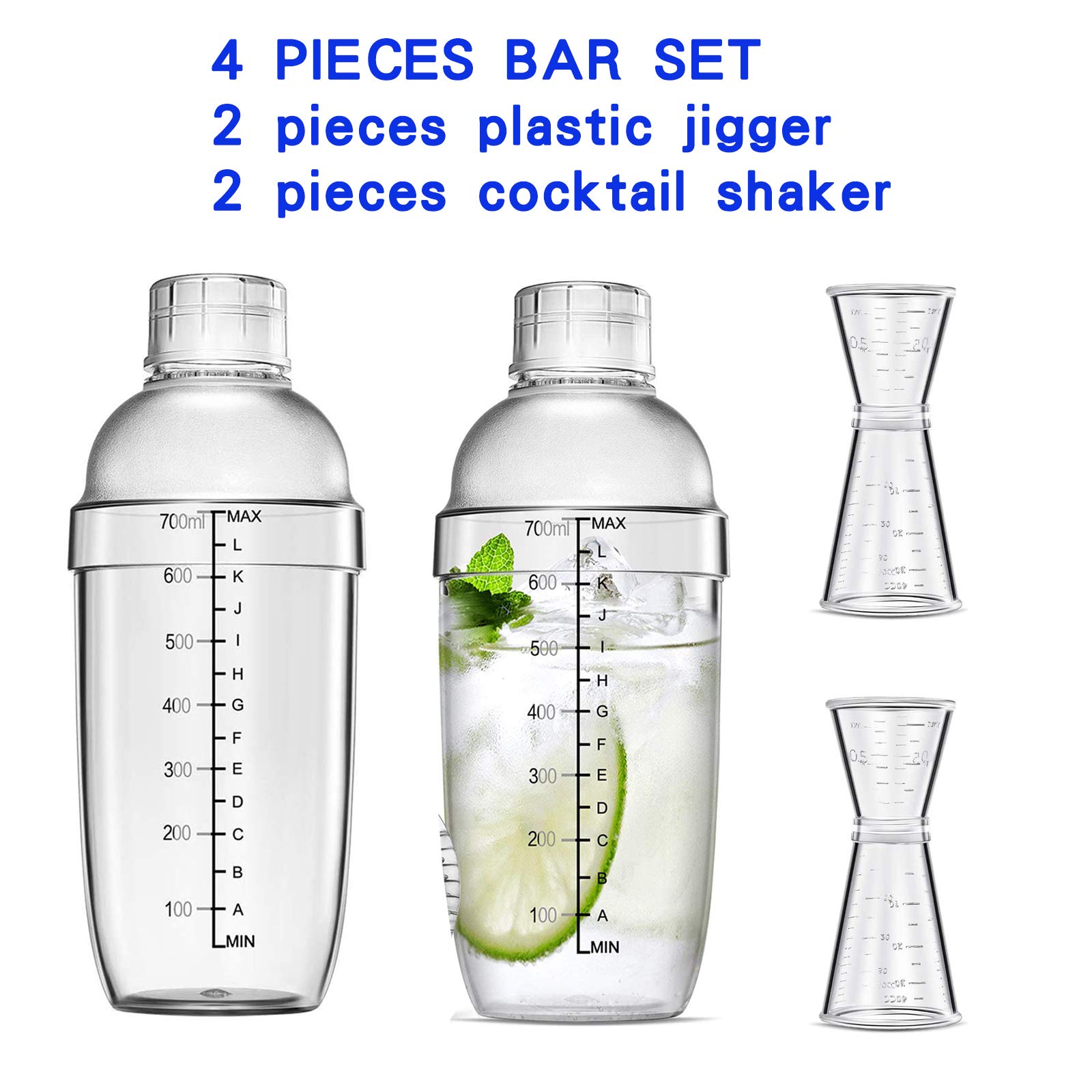 4 pcs Clear Cocktail Shaker Set 2 pcs Plastic bar Shaker with 2 pcs Plastic Cocktail Double Measuring Jigger