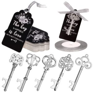 whaline 50 pcs key bottle opener bulk assorted silver vintage skeleton keys with black tag cards, 25 yard silver ribbon for guests wedding favor bridal baby shower bachelorette party supplies