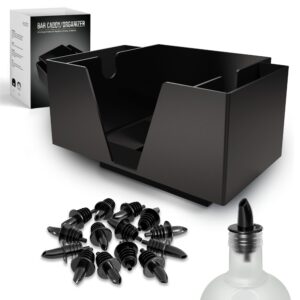 esatto bar products premium square bar caddy (black), professional bar tool used to easily organize bar items and workspace, comes with 12 black plastic pourers for easy and precise pouring