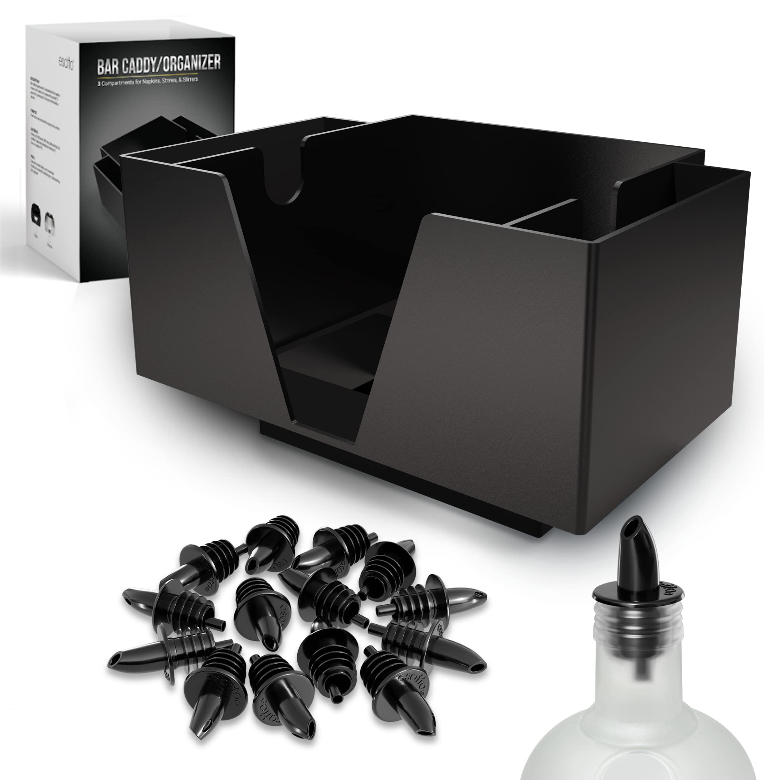 Esatto Bar Products Premium Square Bar Caddy (Black), Professional Bar Tool Used to Easily Organize Bar Items and Workspace, Comes with 12 Black Plastic Pourers for Easy and Precise Pouring