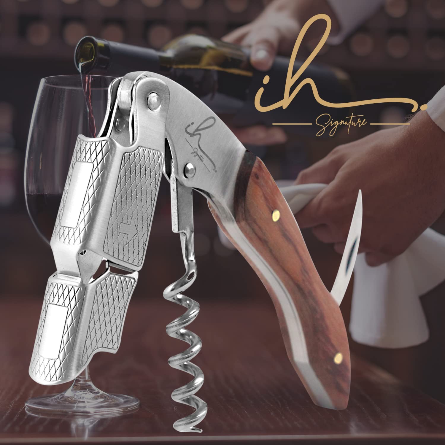 IH Signature, Professional Waiter Corkscrew or Sommelier - Heavy Duty Stainless Steel, Ergonomic Handle, Dual Lever System and Integrated Blade Cutter with Opener. (Rosewood)