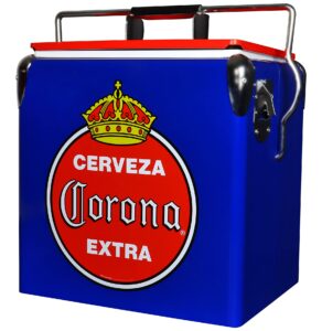 corona retro ice chest cooler with bottle opener 13l (14 qt), 18 can capacity, blue and red, vintage style ice bucket for camping, beach, picnic, rv, bbqs, tailgating, fishing