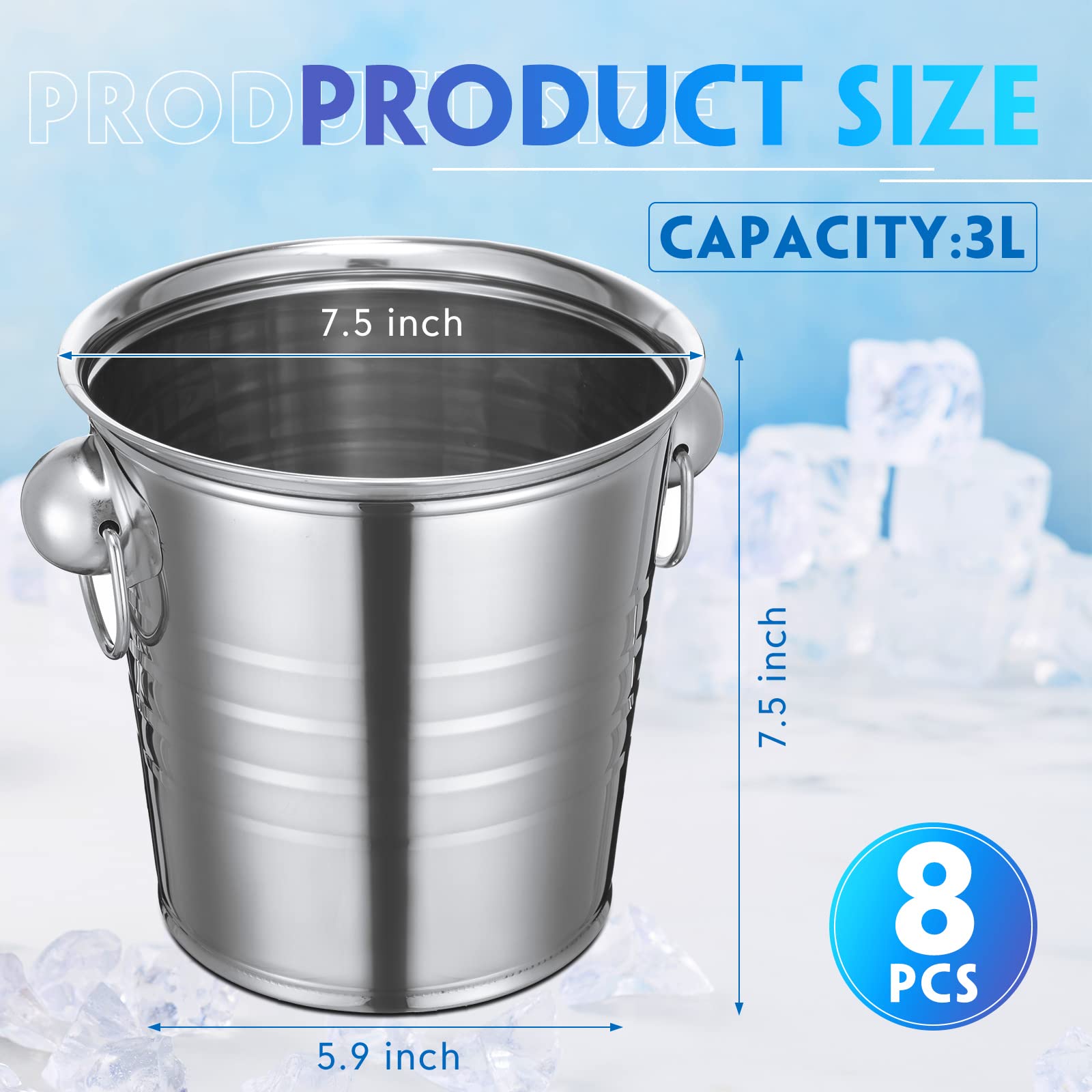 8 Pack Champagne Buckets Stainless Steel Ice Buckets with Handles Wine Bucket Party Beverage Chiller Champagne Ice Buckets for Beer Drinking Bar Club Party Supplies (3.15 Quart)