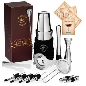16-piece pro cocktail set with weighted boston shaker. dishwasher safe. includes stainless steel full-service bar tools with easy-open drink shaker, recipe guide & carry bag