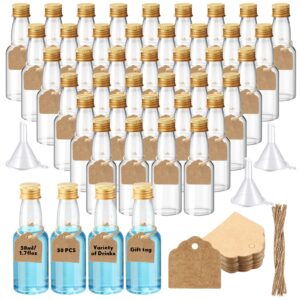 50 pack mini liquor bottles with gold screw bulk 1.7 oz reusable plastic empty alcohol shot bottle for vodka champagne whiskey, 3 liquid funnels and 50 tags with ropes for wedding party