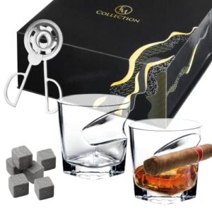 em collection's cigar glass - whiskey glass with cigar holder | cigar cutter | whiskey stones | cigar accessories | luxury box | gifts for cigar lovers, christmas, dad, papa, uncle