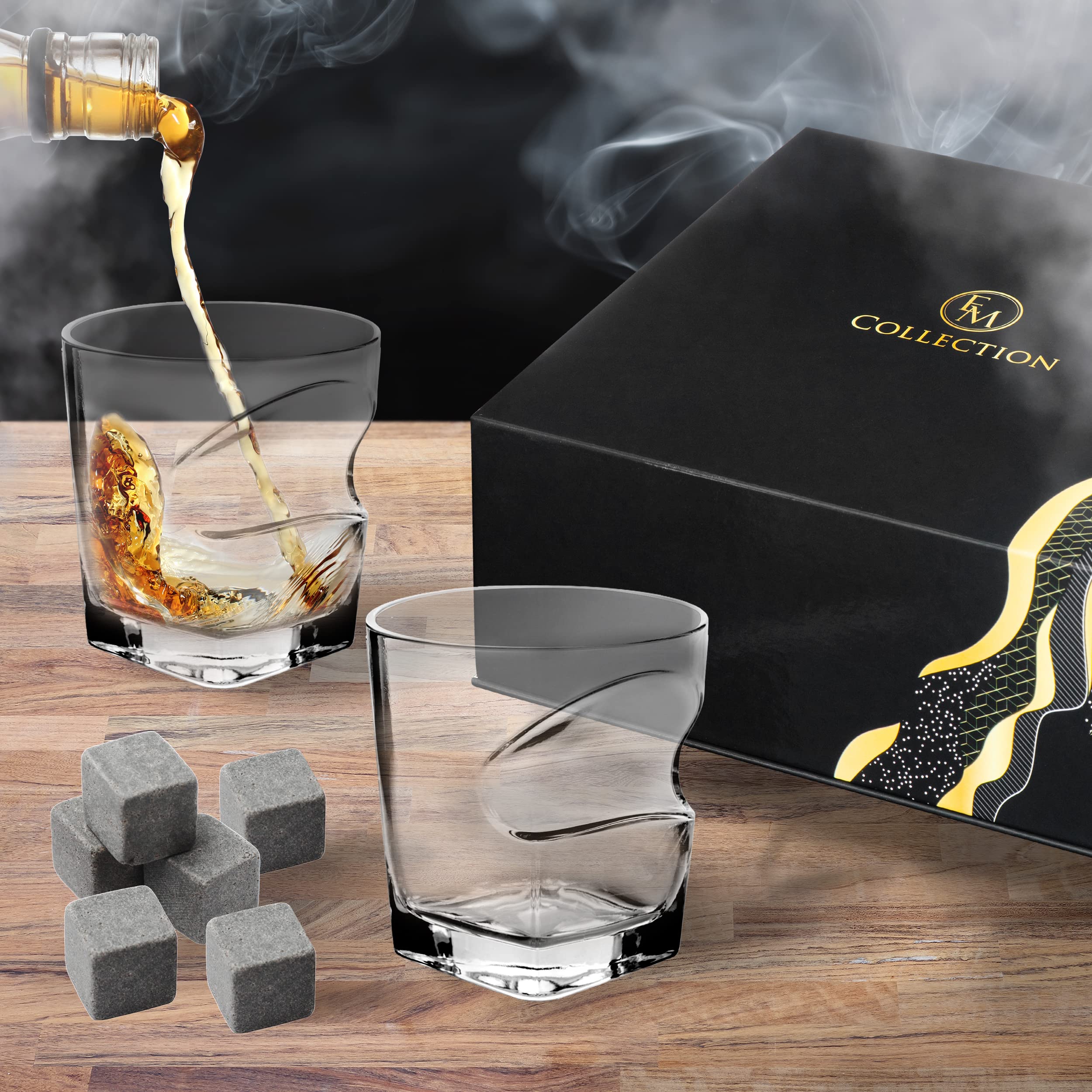 EM collection's Cigar Glass - Whiskey Glass with Cigar Holder | Cigar Cutter | Whiskey Stones | Cigar Accessories | Luxury Box | Gifts for Cigar Lovers, Christmas, Dad, Papa, Uncle