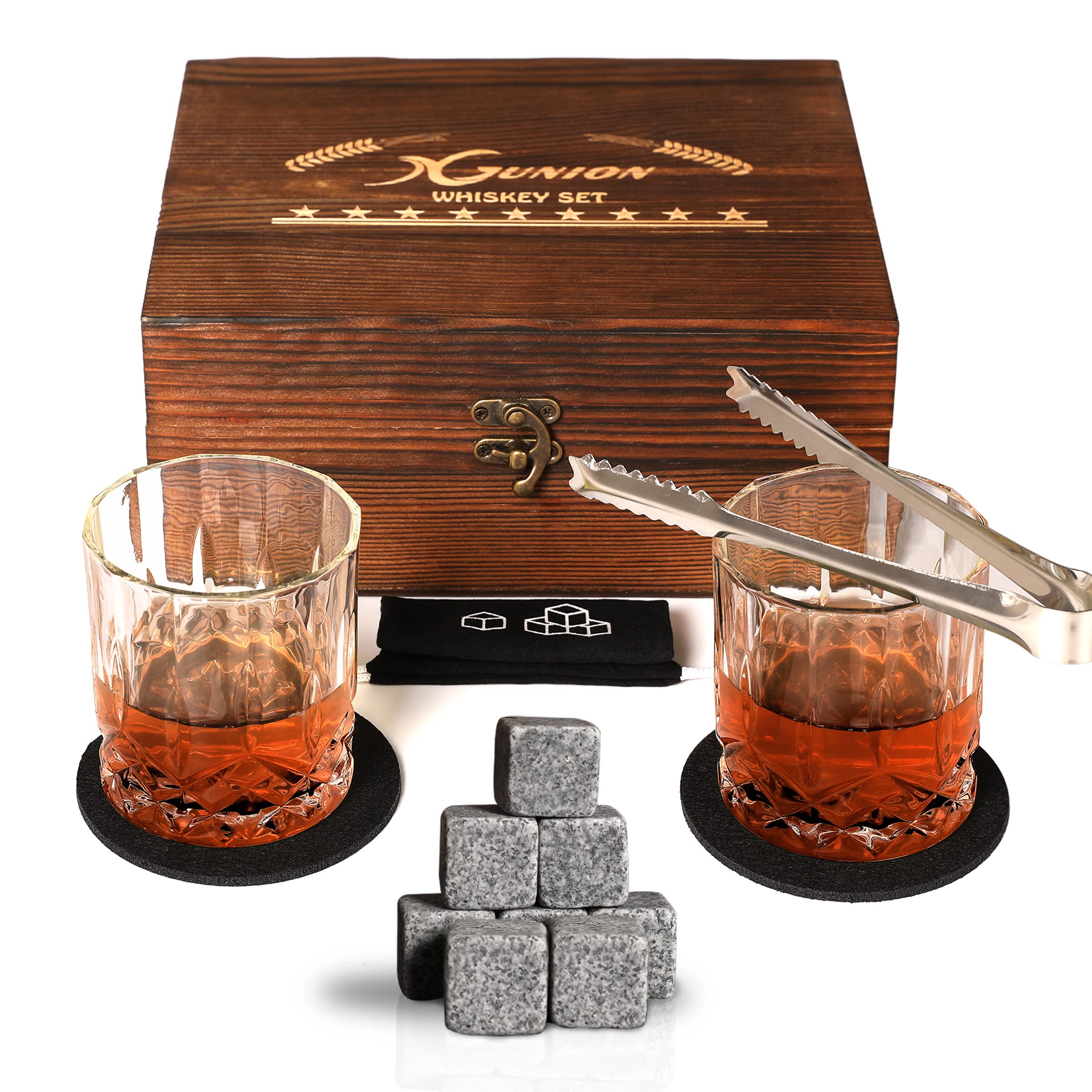 Whiskey Stones Gift Set for Men Dad Father’s Day Whiskey Glasses Set 2 Bourbon Glasses 8 Granite Chilling Rocks with Tongs Perfect for House Warming Anniversary Birthday for Men