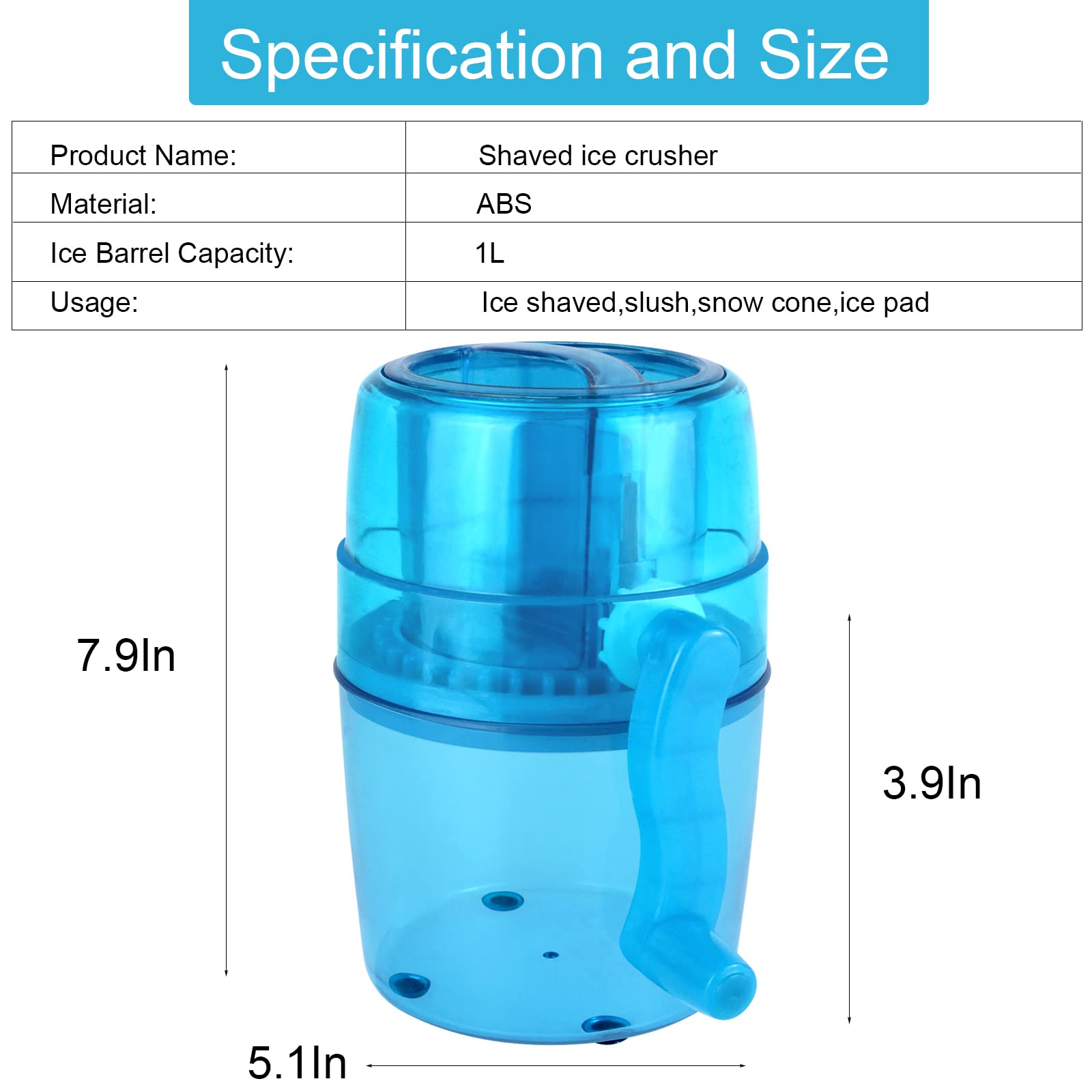 Hand Crank Ice Crusher,Snow Cone Machine Household Mini Portable Ice Shaver with Stainless Steel Blade Manual Ice Crusher for Snow Cone, Slush, Shaved Ice(Blue)