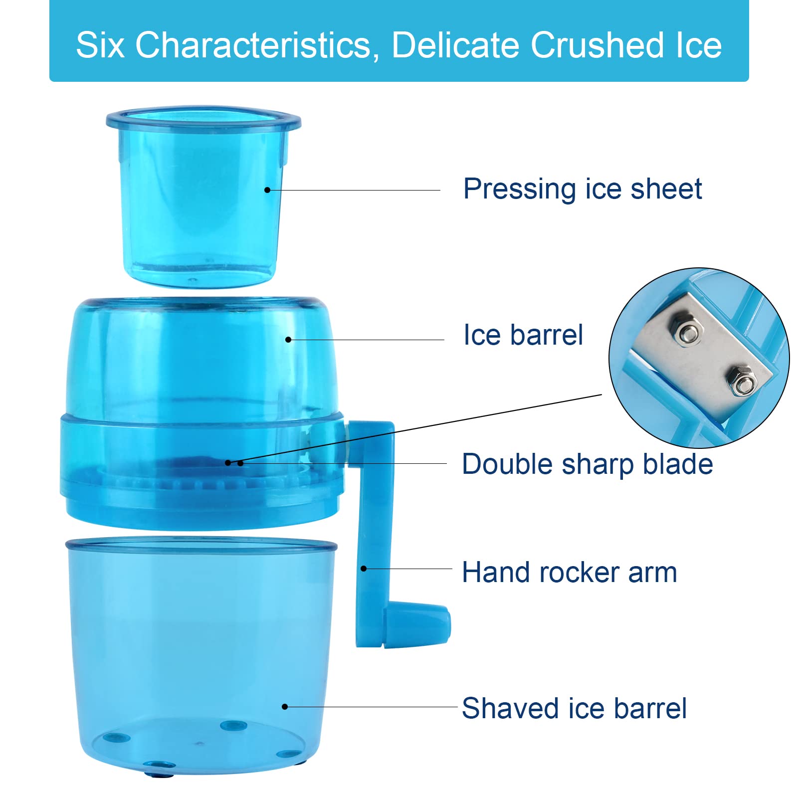 Hand Crank Ice Crusher,Snow Cone Machine Household Mini Portable Ice Shaver with Stainless Steel Blade Manual Ice Crusher for Snow Cone, Slush, Shaved Ice(Blue)