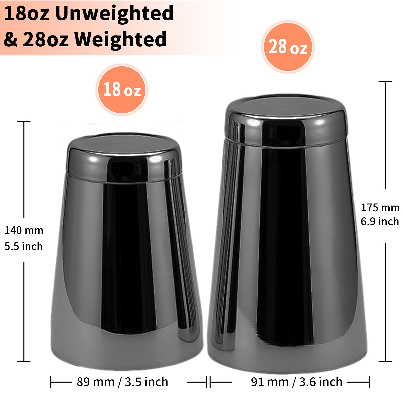 Stainless Steel Cocktail Shaker 2 Piece 18oz Unweighted & 28oz Weighted Professional Bartender Boston Shaker Drink Mixer for Bartending Essential Bar Tools - BLACK