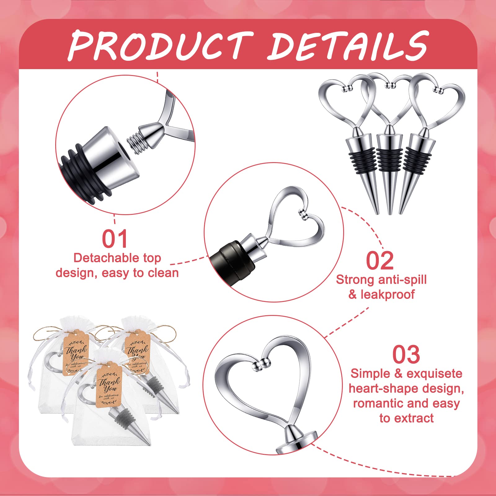 90 Pack Heart Shaped Wine Stoppers Wedding Favors for Guests Stainless Steel Love Beverage Bottle Stopper with 100 Tags 100 Organza Bags and Twine Bulk for Bridal Shower Valentines Party Favors Gifts