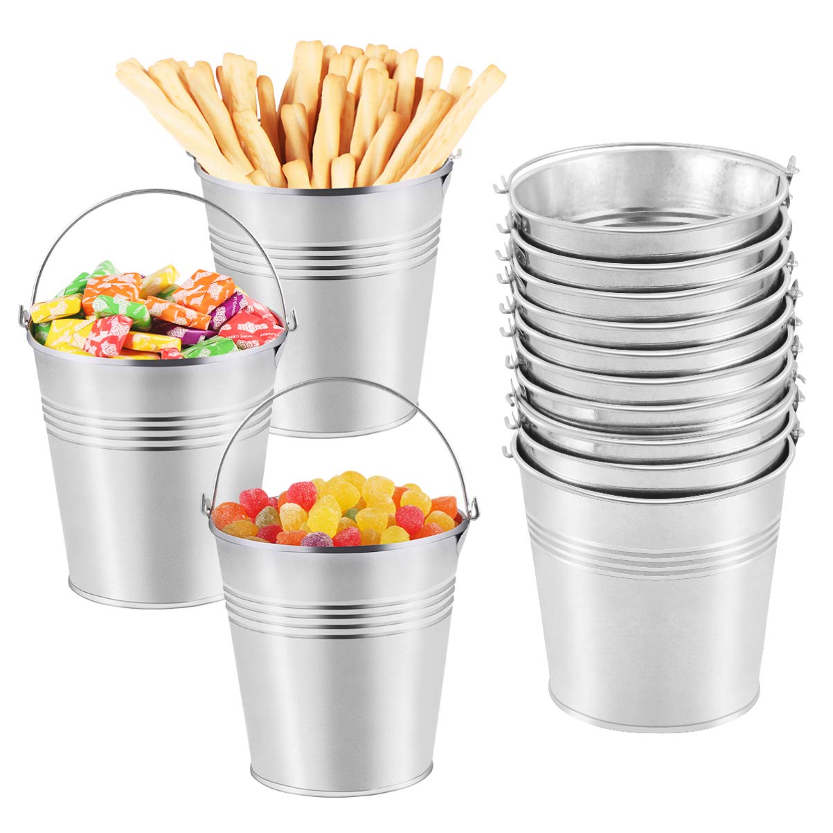 Toyvian Metal Buckets Mini Tinplate Bucket,4 Inch Metallic Pails with Handle for Party Favors, Candy, Votive Candles, Trinkets, Small Plants,12 Pieces