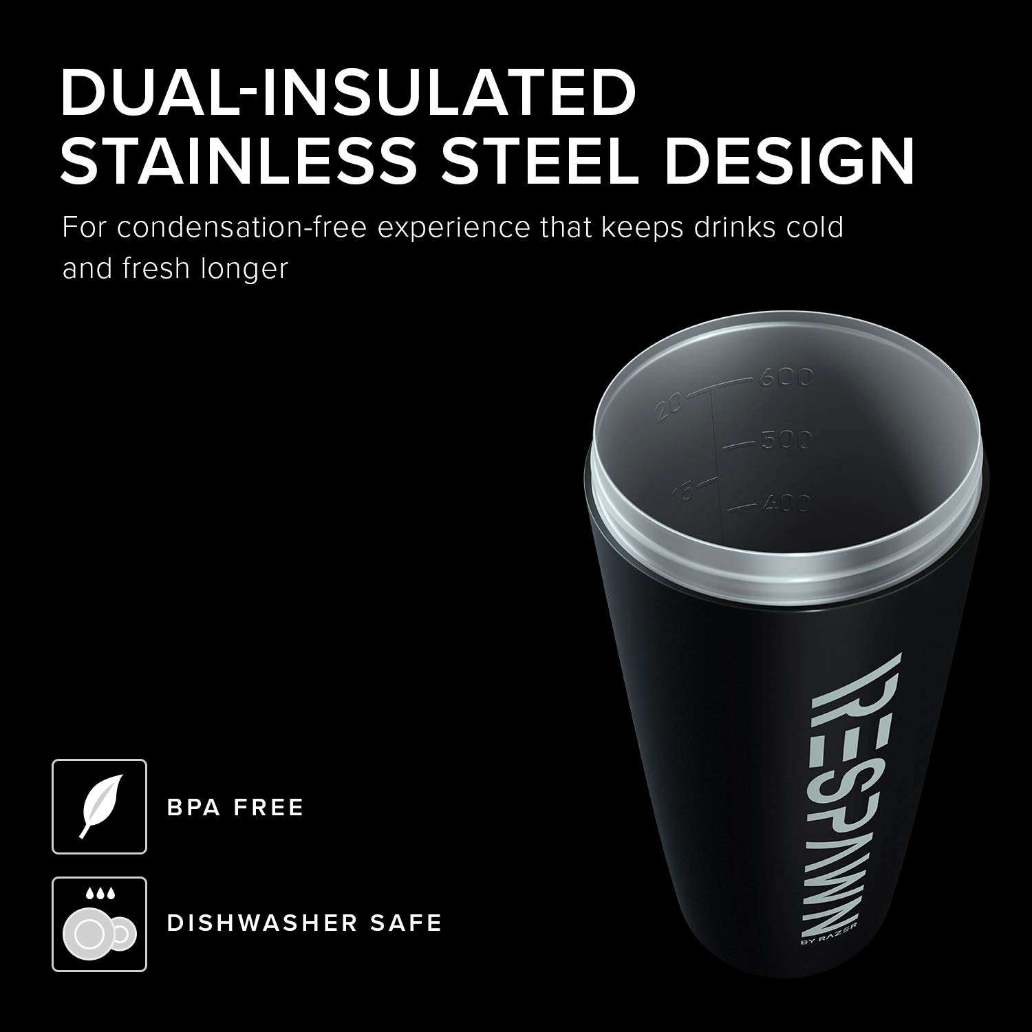 RESPAWN By Razer Stainless Steel Shaker - Black - Dual-Insulated Shaker Cup - Built-In Grate - Locking Cap - 20oz