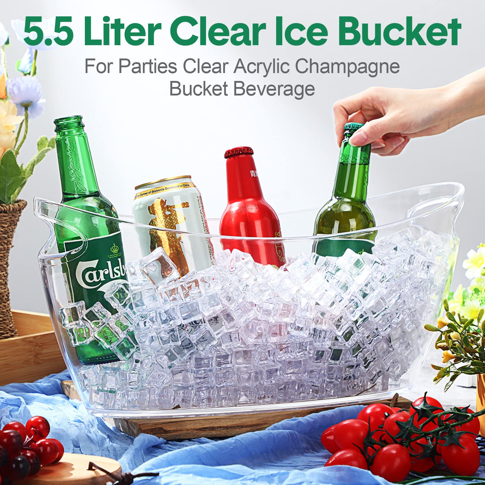 3 Pcs 5.5 Liter Clear Ice Bucket for Parties Clear Acrylic Champagne Bucket Beverage Tub Beverage Chiller Bin with Easy to Carry Handles for Wine Champagne Drink Party, Fits 3 Wine or 5 Beer Bottles