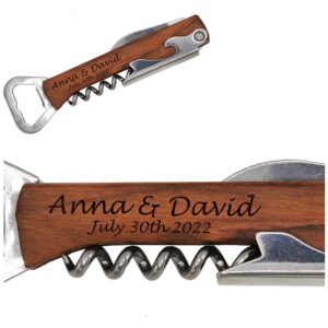 personalized corkscrew wedding favor gifts - custom engraved wine and beer corkscrew multi-tool set for bridal shower, reception, party (1)