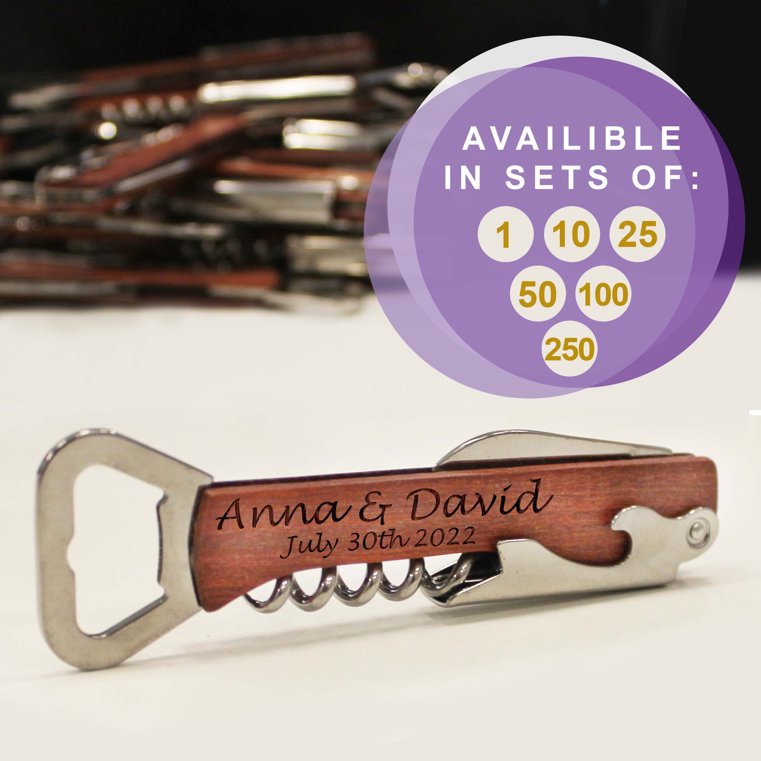 Personalized Corkscrew Wedding Favor Gifts - Custom Engraved Wine and Beer Corkscrew Multi-Tool Set for Bridal Shower, Reception, Party (1)