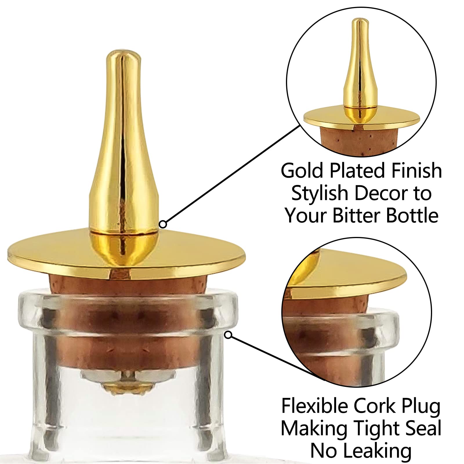 Bitter Bottles Pourer - Set of 4 pcs 20mm Diameter Gold Dasher Top with Cork Base (Gold)