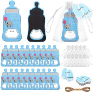 20 pieces poppin bottle shaped bottle opener blue baby shower favor magnetic bottles shaped party favors with 20 pieces tags, 20 pieces white organza bags and burlap rope for birthday party supplies