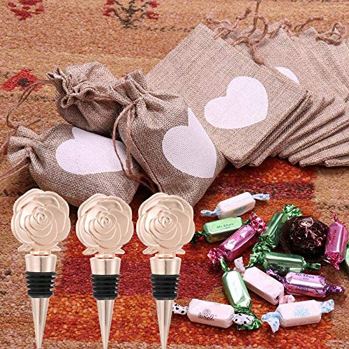 3PCS Wine and Beverage Rose Stopper Rose Gold Bottle Stoppers Keep Wine Fresh With Heart Burlap Bag Holiday Party,Wedding Birthday Party Decor Wine Stoppers Wine Lovers Funny Gifts (Rose Stopper, 3)