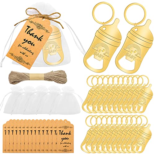 Baby Shower Favors, 32 PCS Baby Bottle Opener, Baby Bottle Shaped Opener Keychain, Baby Shower Decorations, Return Gifts for Guests Baby Shower Parties Wedding Kids Birthday Party Souvenirs, Gold