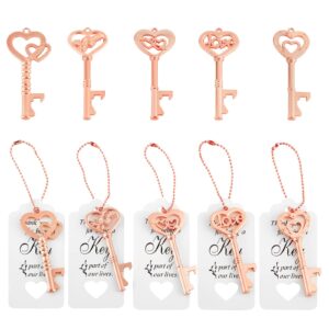 50 pcs wedding favors for guests,vintage skeleton key bottle openers, bridal shower party favors, wedding gift key bottle opener with tag cards and key chains (rose gold)