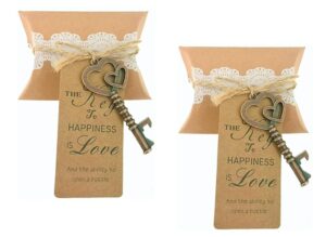 alimitopia 50pcs double-heart key bottle opener wedding party favor souvenir gift with candy box escort tag and jute rope(copper tone)