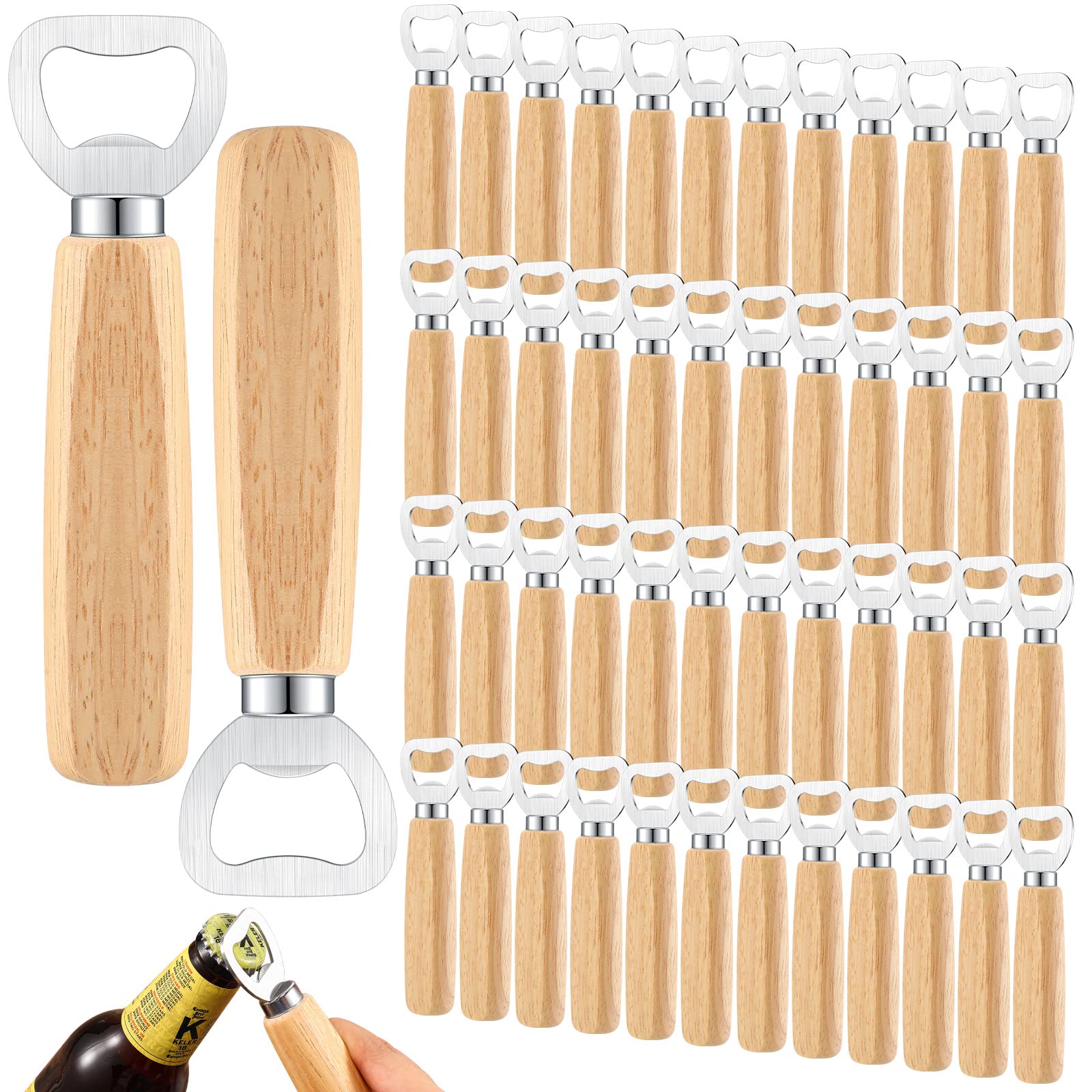 50 Pcs Wood Wine Bottle Opener Stainless Steel Bottle Opener Wood Handheld Heavy Duty Bartender Bottle Openers Cider Bottle Opener Engraved Gift Set for Kitchen Wedding Party Bar Home Restaurant