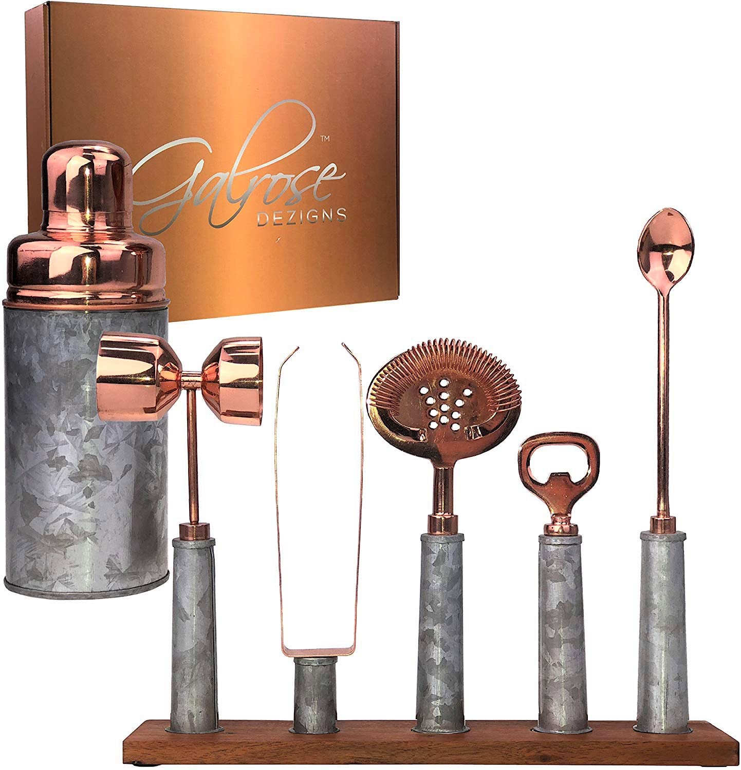 Galrose Dezigns Cocktail Shaker Set - 6 Bar Tools Bar Accessories Rustic Galvanized Iron Bar Set Rose Gold Trim - Mixology Bartender Kit with Stand. Unique Gift for 6th Iron Anniversary for Couple