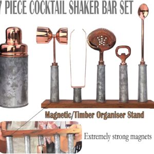 Galrose Dezigns Cocktail Shaker Set - 6 Bar Tools Bar Accessories Rustic Galvanized Iron Bar Set Rose Gold Trim - Mixology Bartender Kit with Stand. Unique Gift for 6th Iron Anniversary for Couple