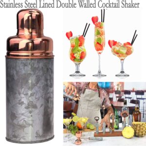 Galrose Dezigns Cocktail Shaker Set - 6 Bar Tools Bar Accessories Rustic Galvanized Iron Bar Set Rose Gold Trim - Mixology Bartender Kit with Stand. Unique Gift for 6th Iron Anniversary for Couple