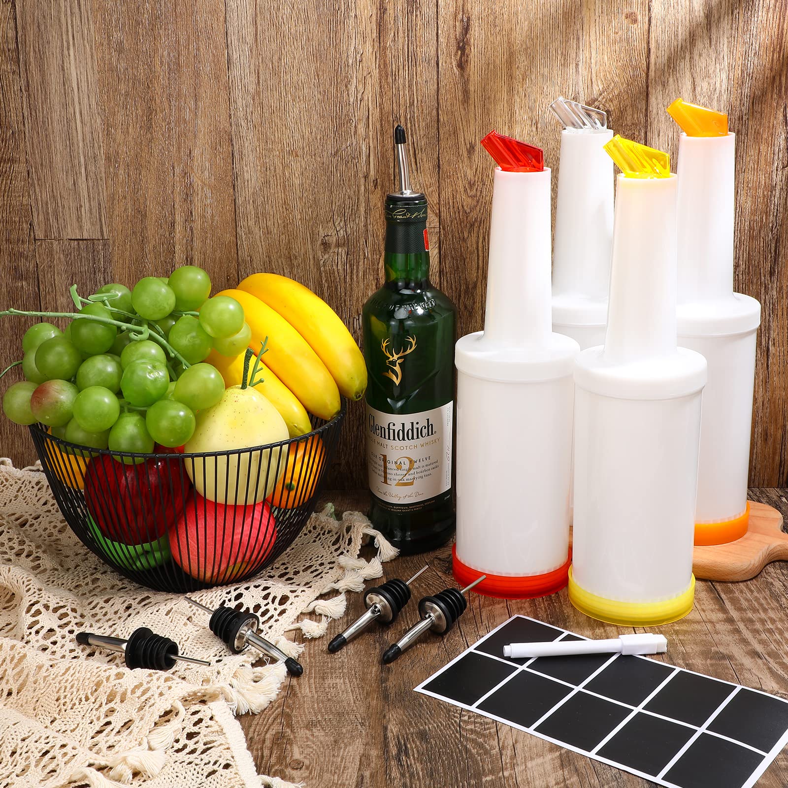 Juice Containers Bar Pour Tops Bar Supplies Plastic Liquor Bottle Pourers Juice Pour Bottle Dispenser for Bar Cooling Wine Pour for Store, 33 oz(White, Red, Yellow, Orange, 4 Pcs)