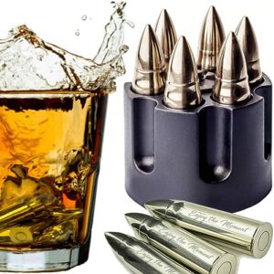 whiskey stones large 6 laser engraved stainless steel silver bullets with revolver barrel base reusable chilling rocks stone ice cubes chillers birth day gift set for father's day, military man