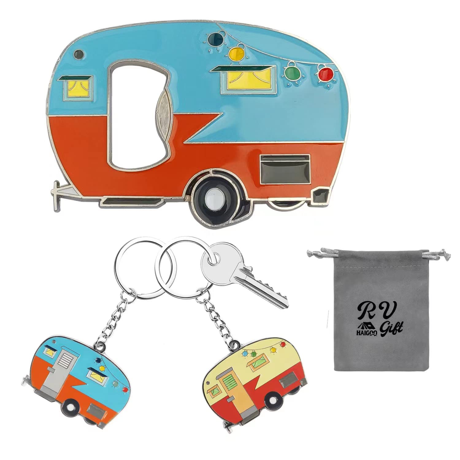 Haigoo Rv Keychain 2 Pack and Magnetic Beer Bottle Opener for Fridge with Cap Catcher, Great Camper Gift Set for Camper Lovers, Girlfriend, Boyfriend, Father